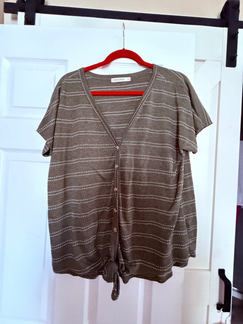 Casual Olive Stripe Button-Front Tie-Hem Blouse